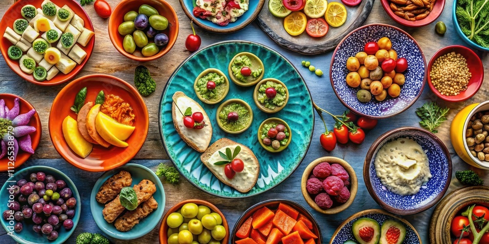 Vibrant Snack Spread: Colorful Ceramic Plates & Appetizer Platter Presentation Vibrant Snack Spread: Colorful Ceramic Plates & Appetizer Platter Presentation