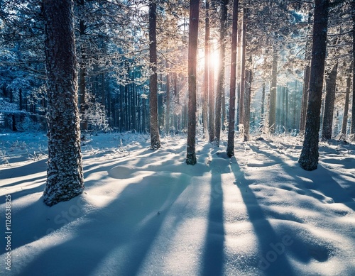winter forest close up cold light shadows
