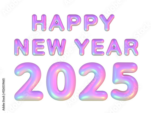 Typography with the phrase 'Happy New Year 2025' expressed in colorful holographic 3D balloons.