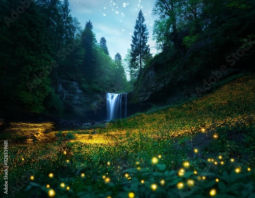 a forest with a waterfall and a field of fireflies the fireflies are glowing in the dark creating a magical and serene atmosphere