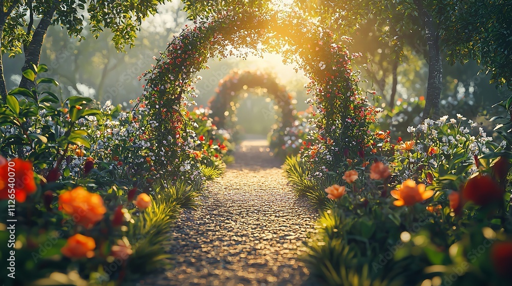 Garden Archway with Lush Flowers and Sunlight Coming Through Garden Archway with Lush Flowers and Sunlight Coming Through