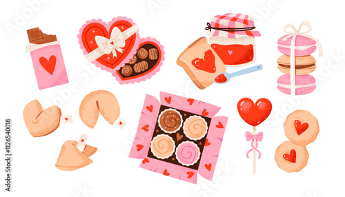 Valentine’s Day sweets, chocolates, candies and fortune cookies. Festive  romantic treats. A vibrant flat vector illustration set.