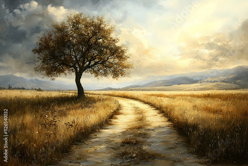 Golden Field Path: Tree, Sky, Serene Landscape