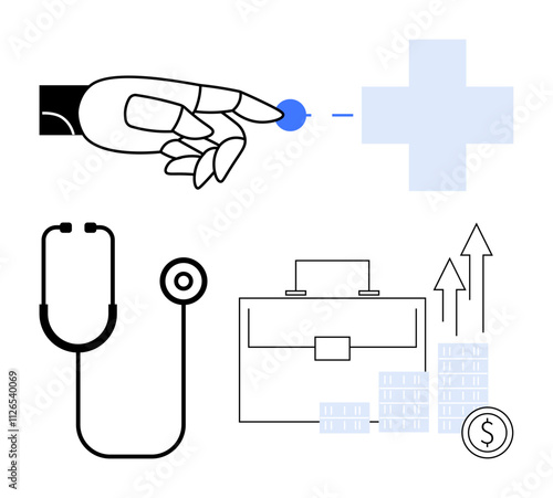 Robotic hand pressing medical cross, stethoscope, briefcase, and growth chart with arrows and coins. Ideal for healthcare, technology, innovation, medical investments, futuristic medicine financial