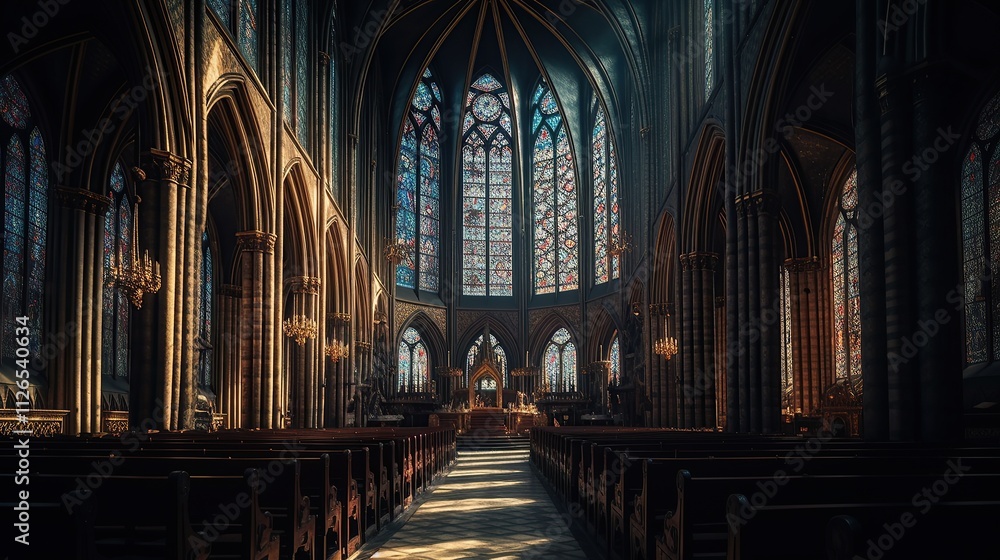 Fototapeta premium Sunlit Gothic Cathedral Interior Rows Of Pews