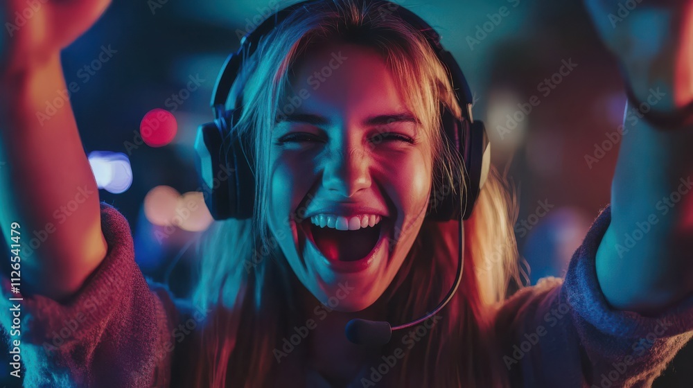 Gamer girl with headset is smiling and winning the match in video game Gamer girl with headset is smiling and winning the match in video game