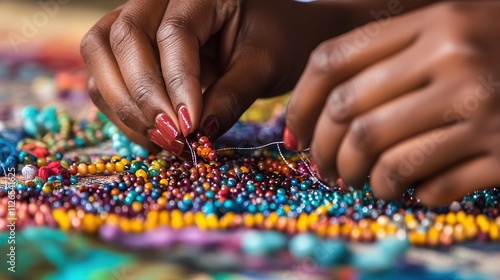 A close-up of hands arranging colorful beads and threads into a beautiful pattern on a fabric surface, representing the creative process of design.