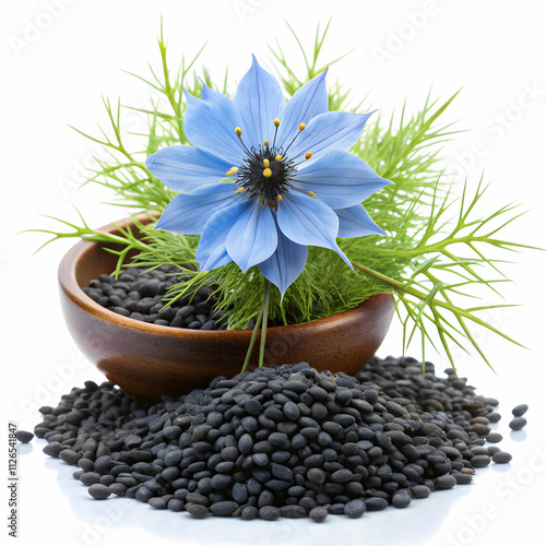 black cumin seeds with nigelia flower isolated on Transparent Background