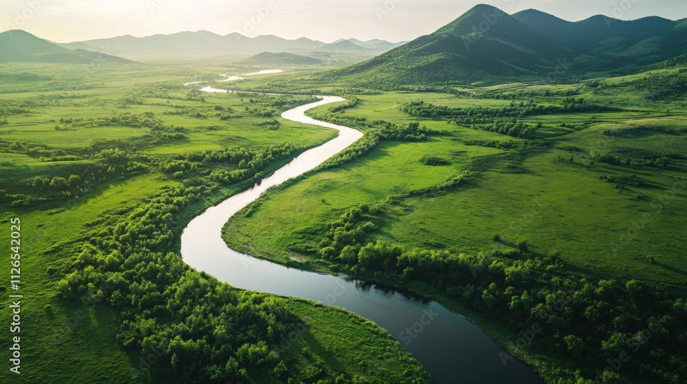 serene river winding through lush green landscape serene river winding through lush green landscape