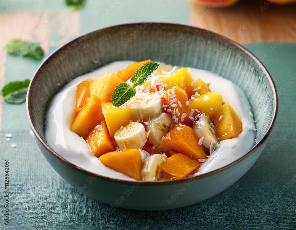 fresh fruit salad with papaya banana orange pineapple apple and coconut flakes in yogurt and caramel fresh fruit salad with papaya banana orange pineapple apple and coconut flakes in yogurt and caramel