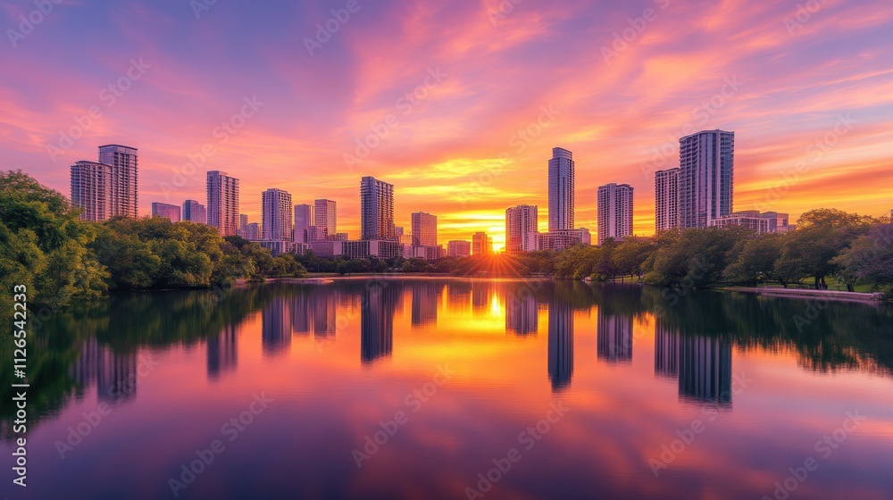 Fototapeta premium stunning sunset over city skyline reflecting on water