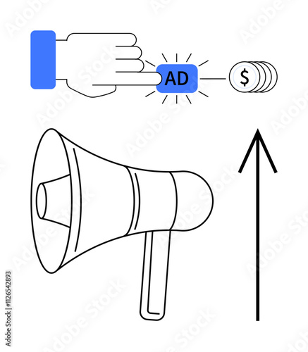 Hand pressing AD button, generating coins, megaphone, and upward arrow indicating growth. Ideal for marketing, business promotion, online ads, revenue enhancement, advertising impact digital