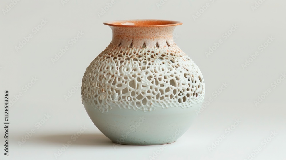 A delicate ceramic vase with a lace-like pattern and a soft pastel color scheme, isolated on a white background A delicate ceramic vase with a lace-like pattern and a soft pastel color scheme, isolated on a white background