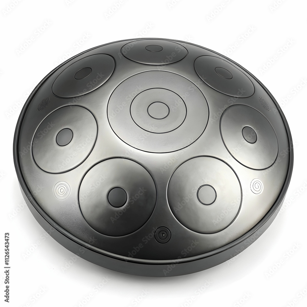 A steel handpan drum with circular tone fields, creating soothing, A steel handpan drum with circular tone fields, creating soothing,
