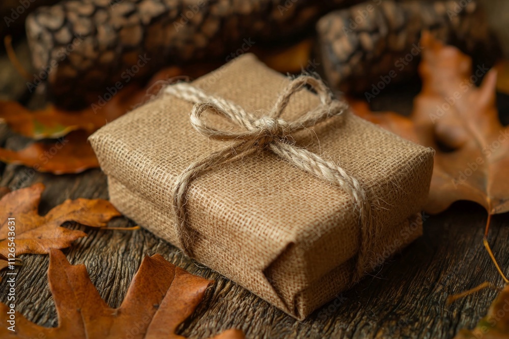 A small gift box wrapped in burlap, surrounded by oak leaves A small gift box wrapped in burlap, surrounded by oak leaves