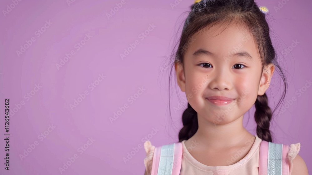 A young Asian girl with dark hair in braids wearing a pink and blue backpack set against a purple background.