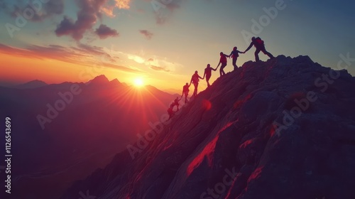 Panoramic view of team of people holding hands and helping each other reach the mountain top in spectacular mountain sunset landscape
