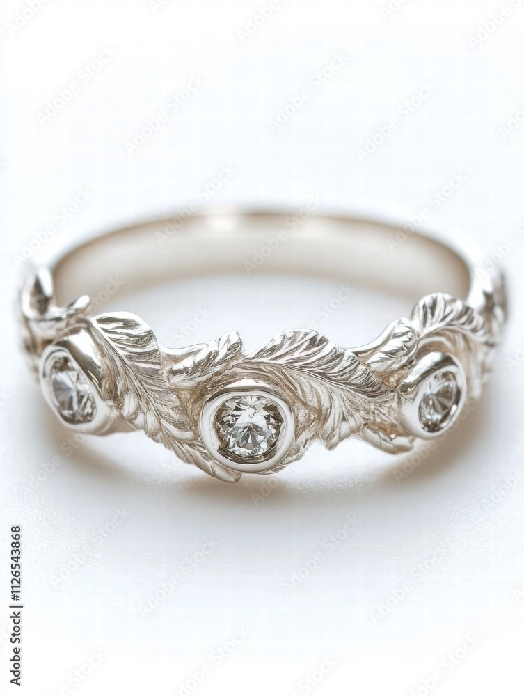 A silver ring with three leaves and three diamonds A silver ring with three leaves and three diamonds