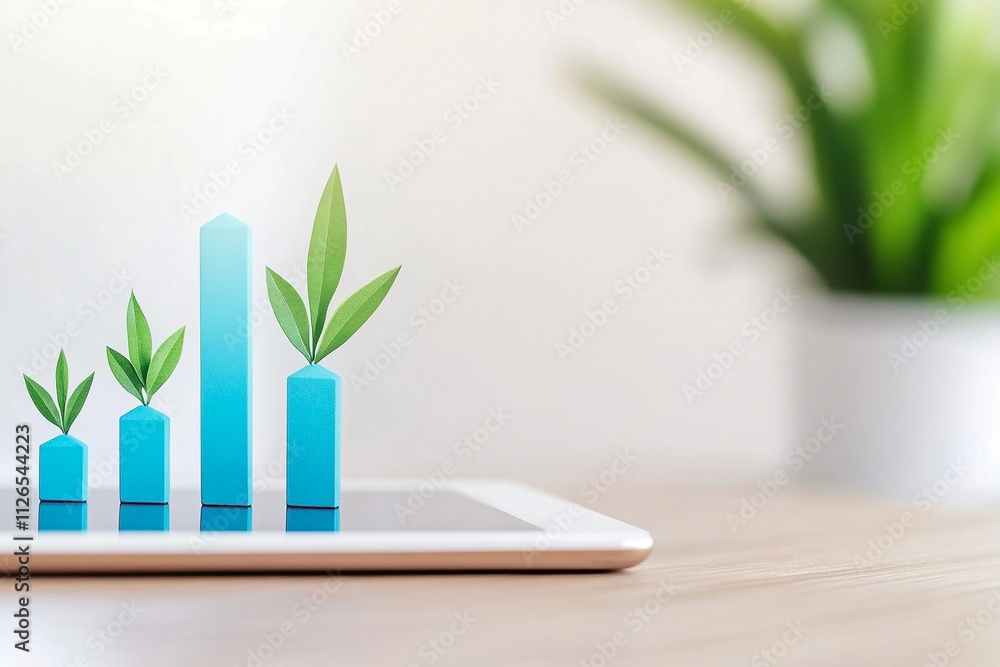 Growth chart with green leaves on a tablet screen beside a potted plant in a modern workspace Growth chart with green leaves on a tablet screen beside a potted plant in a modern workspace