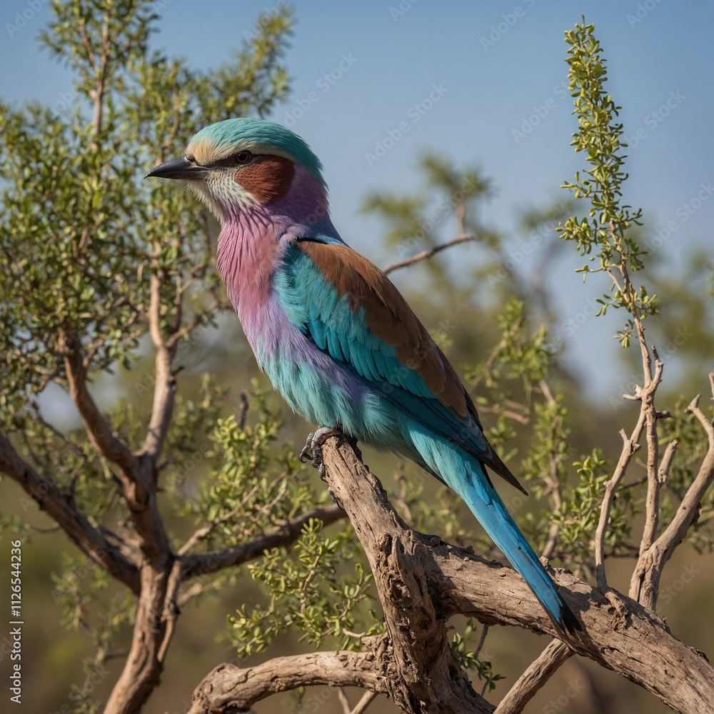 Fototapeta premium A lilac-breasted roller perched on a dry acacia tree.