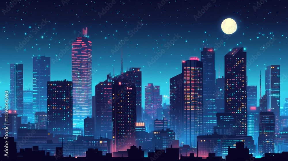 Night City Skyline with Illuminated Skyscrapers and Moonlight Glow Night City Skyline with Illuminated Skyscrapers and Moonlight Glow