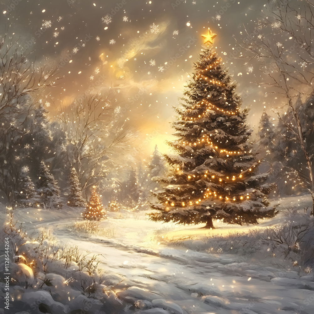 A Snowy Winter Scene With A Lit Christmas Tree A Snowy Winter Scene With A Lit Christmas Tree