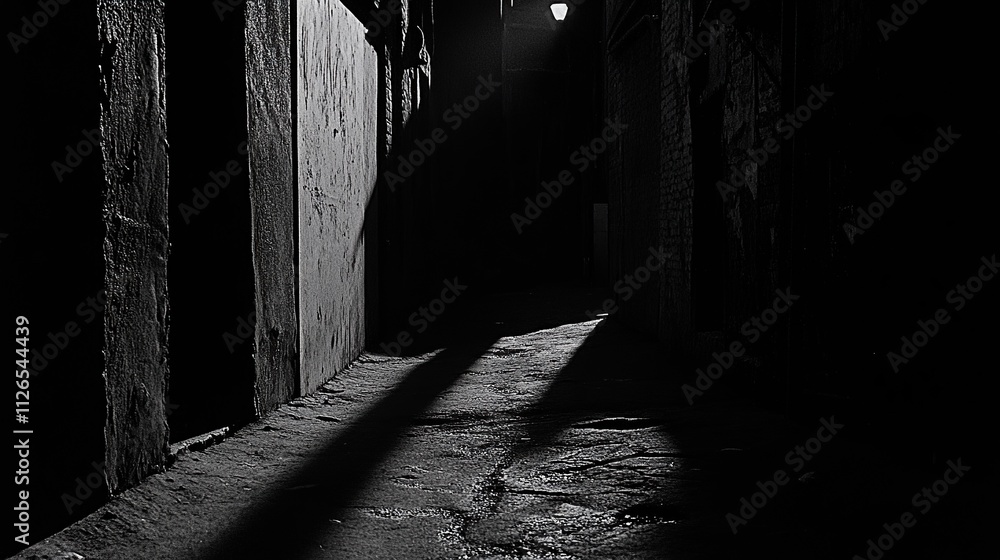 A dark alley lit only by a single flickering streetlight, casting long shadows that represent fear and uncertainty. A dark alley lit only by a single flickering streetlight, casting long shadows that represent fear and uncertainty.