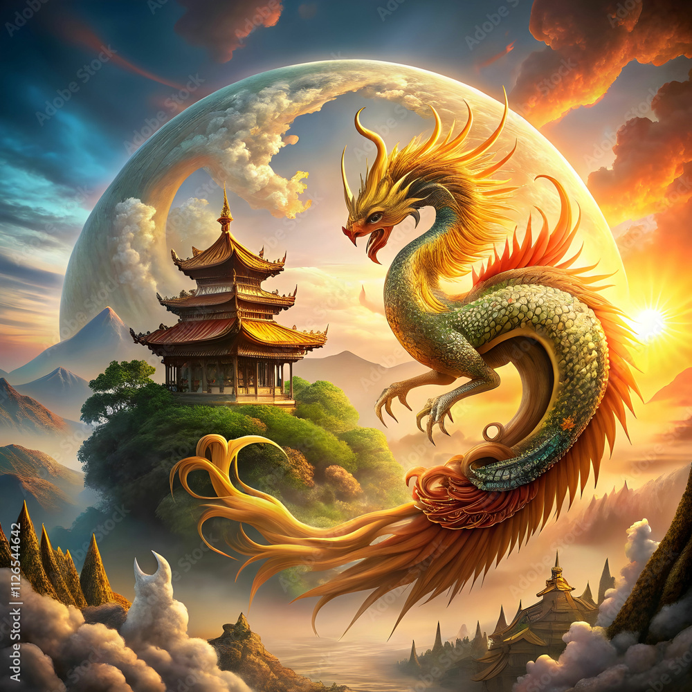 Fototapeta premium A stunning scene of a dragon and phoenix in harmony, symbolizing balance