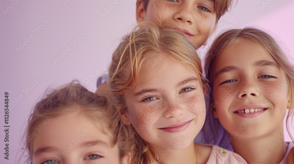 A group Of four children with three girls in the foreground and a boy behind them all smiling posing for a photo with a blurred background. A group Of four children with three girls in the foreground and a boy behind them all smiling posing for a photo with a blurred background.