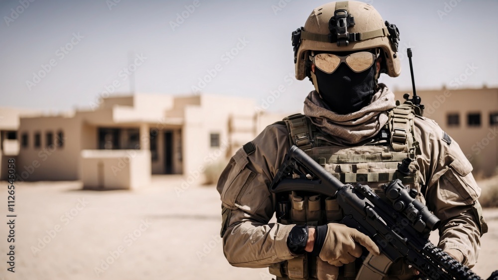 Military personnel stands guard in tactical gear at desert location Military personnel stands guard in tactical gear at desert location