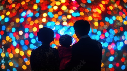 Family portrait in front of a decorated New Year s tree, festive holiday selective focus, celebration theme, vibrant, fusion, indoor tree backdrop photo