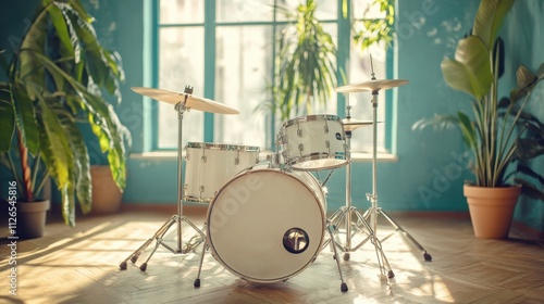 A bright room showcasing a simple drum set and stool, with no other distractions on a plain background. photo