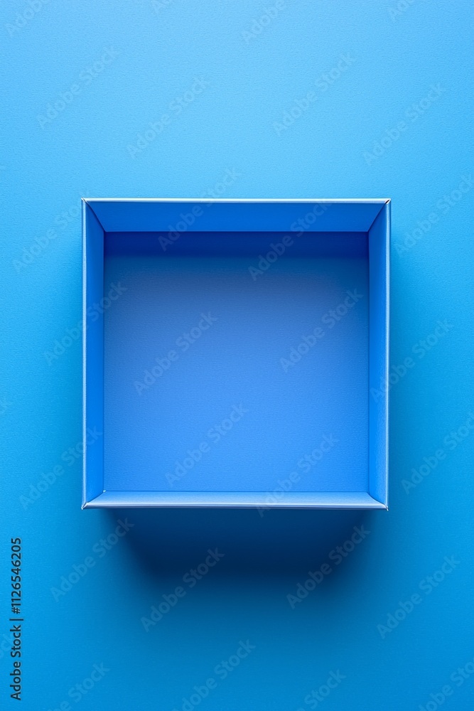 A square blue empty box is located in the center of an entirely plain blue background A square blue empty box is located in the center of an entirely plain blue background