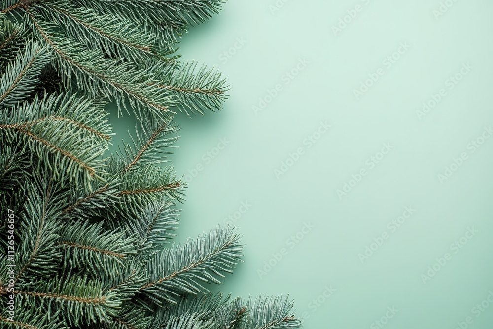 Spruce branches on pale green backdrop with room for text Spruce branches on pale green backdrop with room for text