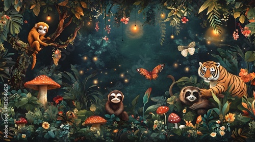 Fototapeta Naklejka Na Ścianę i Meble -  Enchanting Nighttime Jungle Scene With Monkeys And Tiger