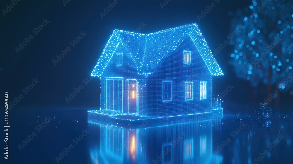 Creative hologram of a smart house on a blue background Represents artificial intelligence and virtual assistants rendered in 3D for the concept of smart homes and advanced technology Creative hologram of a smart house on a blue background Represents artificial intelligence and virtual assistants rendered in 3D for the concept of smart homes and advanced technology