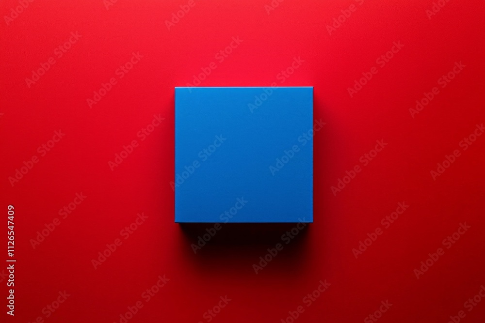 A square blue empty box is located in the center of an entirely plain red background, A square blue empty box is located in the center of an entirely plain red background,