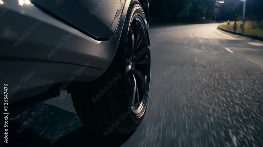 Close-up of a car tire rolling down a dimly lit street at night, captured with zoom-in motion under low-key lighting and streetlights casting long shadows
. Close-up of a car tire rolling down a dimly lit street at night, captured with zoom-in motion under low-key lighting and streetlights casting long shadows
.
