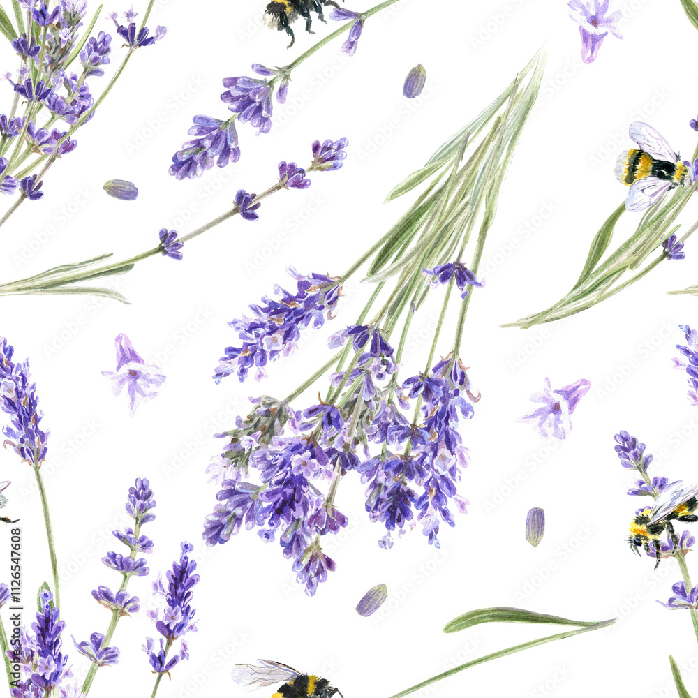 Fototapeta premium Floral seamless pattern with lavender, lavender flowers on white background