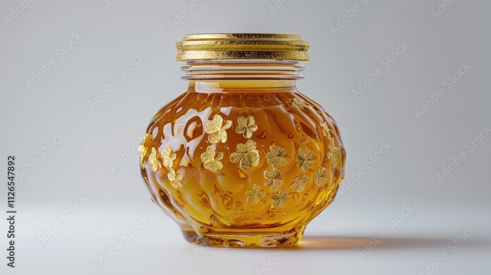 A delicate glass jar of artisanal honey with a floral pattern, isolated on a white background A delicate glass jar of artisanal honey with a floral pattern, isolated on a white background