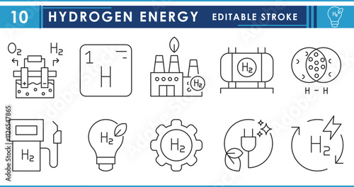 A set of line icons related to Hydrogen energy. Electrolysis, green industry, fuel, clean energy, and so on. Vector editable stroke.