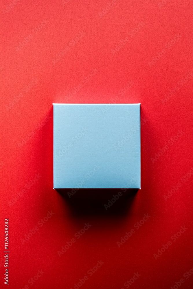 A square blue empty box is located in the center of an entirely plain red background, A square blue empty box is located in the center of an entirely plain red background,
