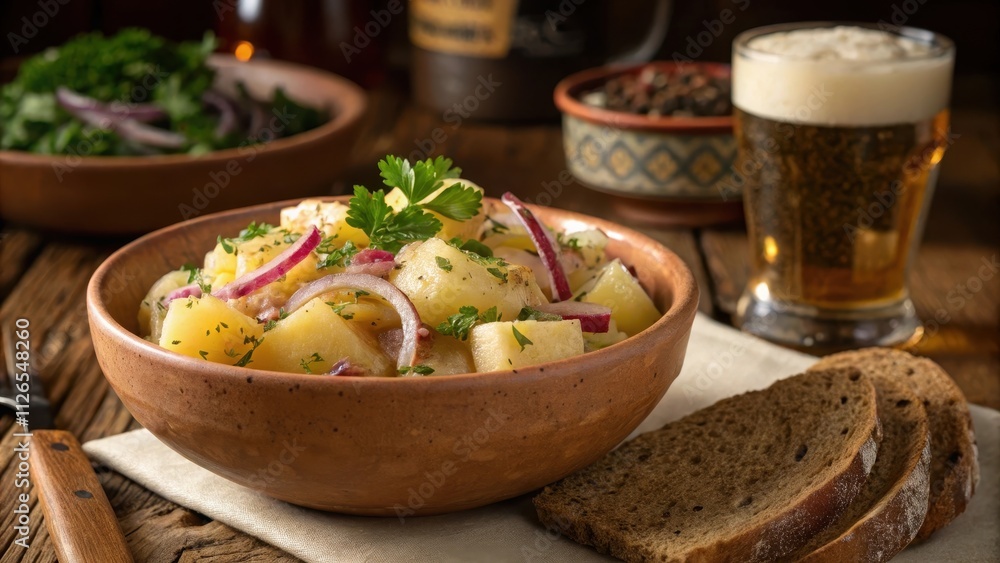 Classic German Potato Salad Served in Rustic Bowl with Beer Classic German Potato Salad Served in Rustic Bowl with Beer