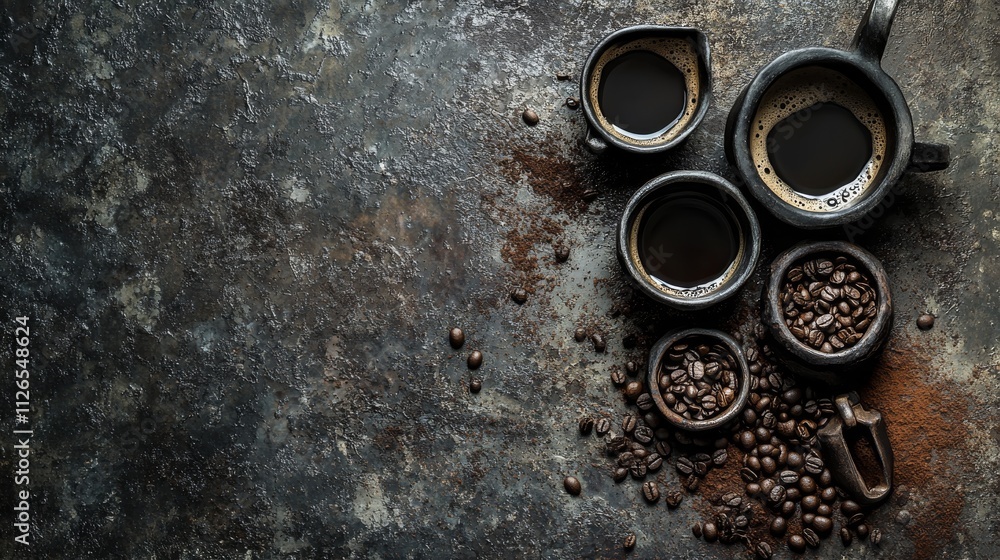 culinary art composition, espresso bubble patterns, scattered coffee elements, dark stoneware collection, tarnished silver accent, dramatic shadows, rustic metal backdrop, professional product culinary art composition, espresso bubble patterns, scattered coffee elements, dark stoneware collection, tarnished silver accent, dramatic shadows, rustic metal backdrop, professional product
