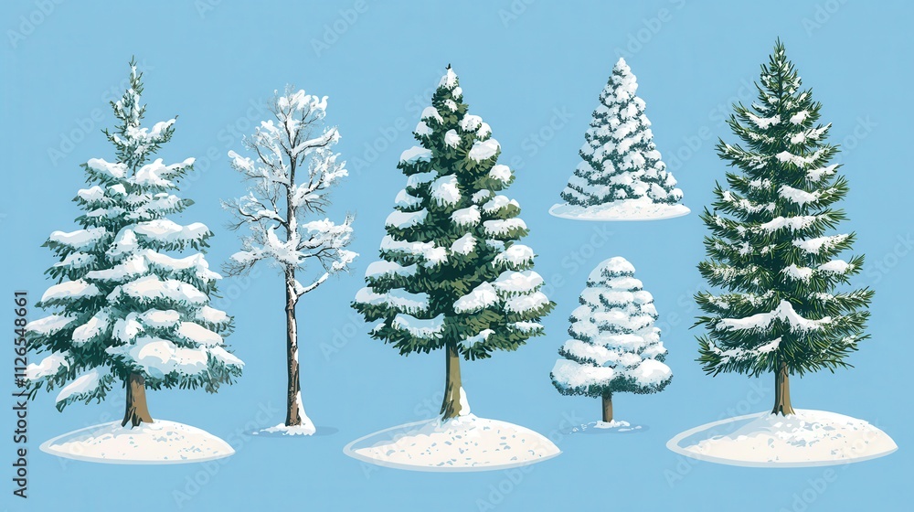 Obraz premium Christmas trees set,pines for greeting card,Collection of Christmas trees in flat design for greeting cards,invitations, banner,New Year and xmas traditional,Winter holiday.