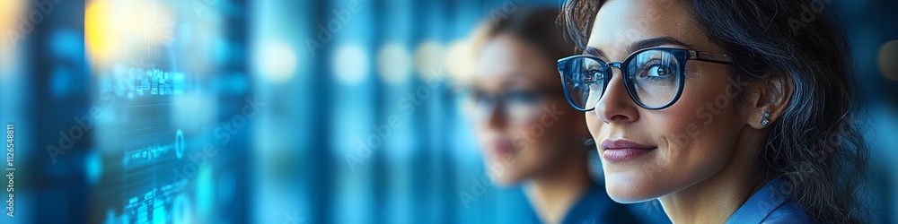 Focused Woman in Technology, Analyzing Data on a Futuristic Screen, Embracing Innovation and Progress Focused Woman in Technology, Analyzing Data on a Futuristic Screen, Embracing Innovation and Progress