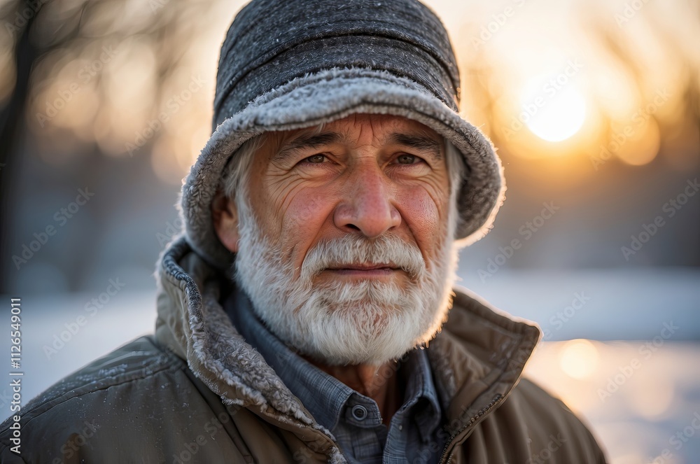 Elderly man with grey beard wearing hat during sunset outdoors Elderly man with grey beard wearing hat during sunset outdoors
