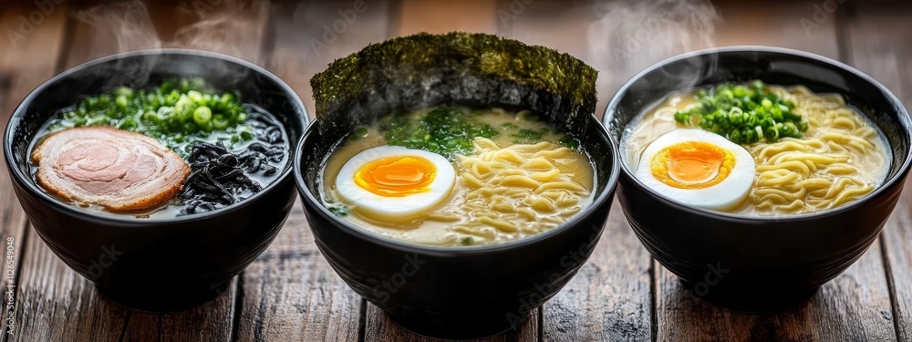 Delicious ramen bowl with eggs, meat, and vegetables, steaming hot, showcasing Japanese cuisine, food photography, and restaurant menu design. Delicious ramen bowl with eggs, meat, and vegetables, steaming hot, showcasing Japanese cuisine, food photography, and restaurant menu design.