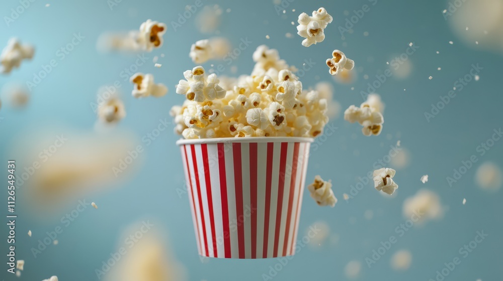 Delicious popcorn flying out of a red-white striped paper cup Delicious popcorn flying out of a red-white striped paper cup