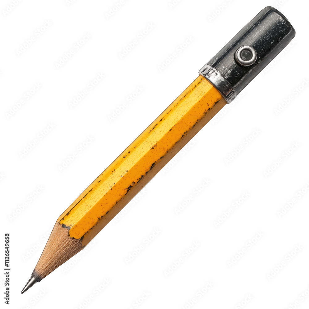 Yellow pencil with a black eraser cap resting on a white surface isolated on transparent background png Yellow pencil with a black eraser cap resting on a white surface isolated on transparent background png